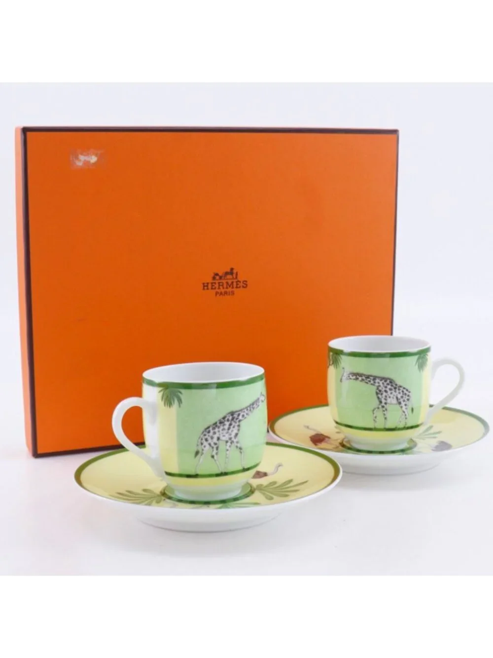 Hermes Green Demitasse Cup & Saucer Pair Set Africa Ceramic Yellow Tableware